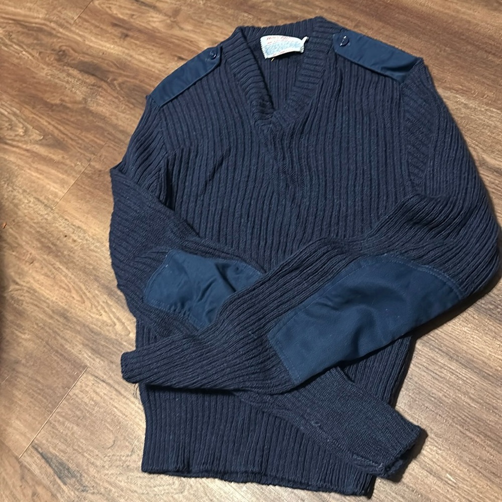 Navy V-Neck Sweater, 100% Wool with patches on sleeves